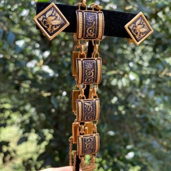 VTG Spanish Damascene Square Gold Link Bracelet and Earrings SET - Picture 9 of 10